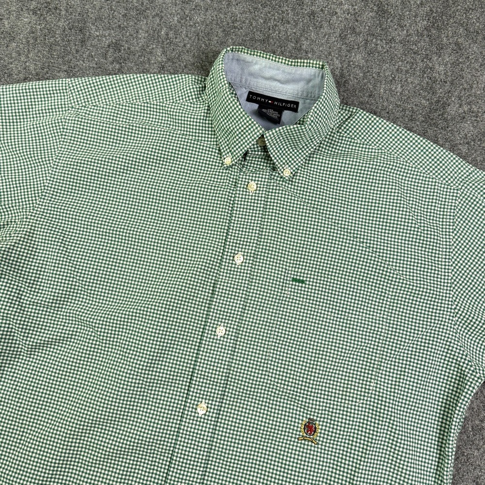 Tommy Hilfiger Mens Button Down Shirt Large Green Gingham Short Sleeve Cotton